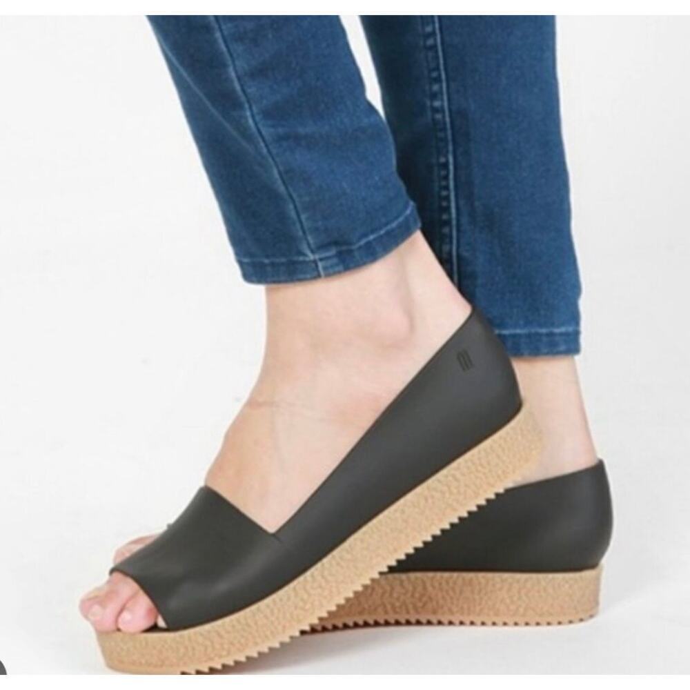 Melissa Puzzle Ad Flats Rubber Platform Open Toe Slip On In Black Size 6